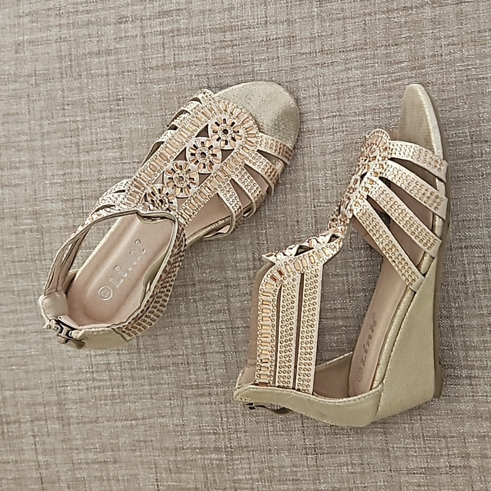 Girls Golden Rhinestone Wedge Party Shoe